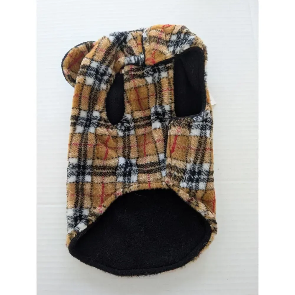 Animal Wrappers Plaid Dog Coat Size 10 Made In USA Warm Fleece Lined Classic Tan